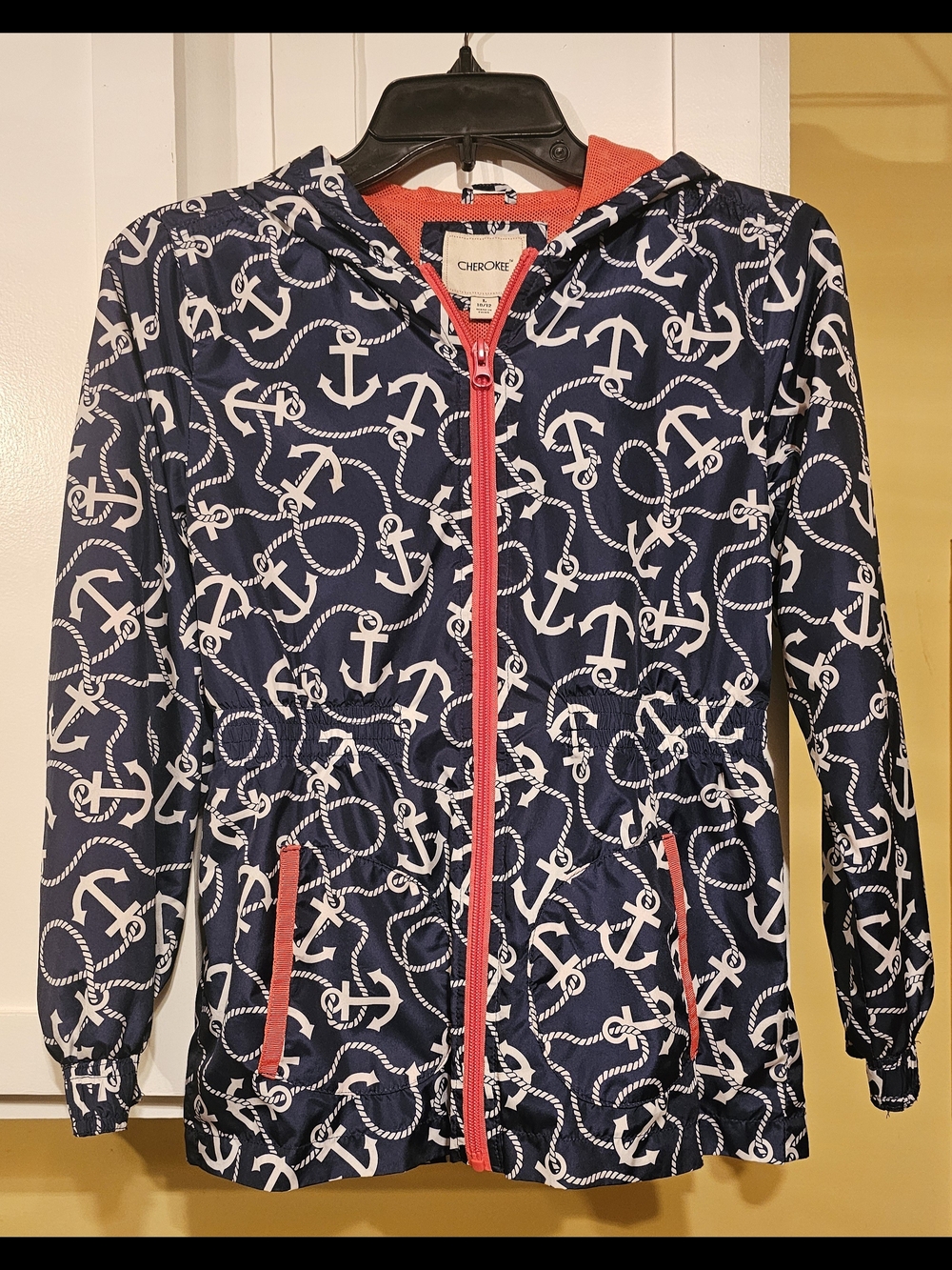 Cherokee Kids Navy Anchor Hooded Jacket with Coral Trim